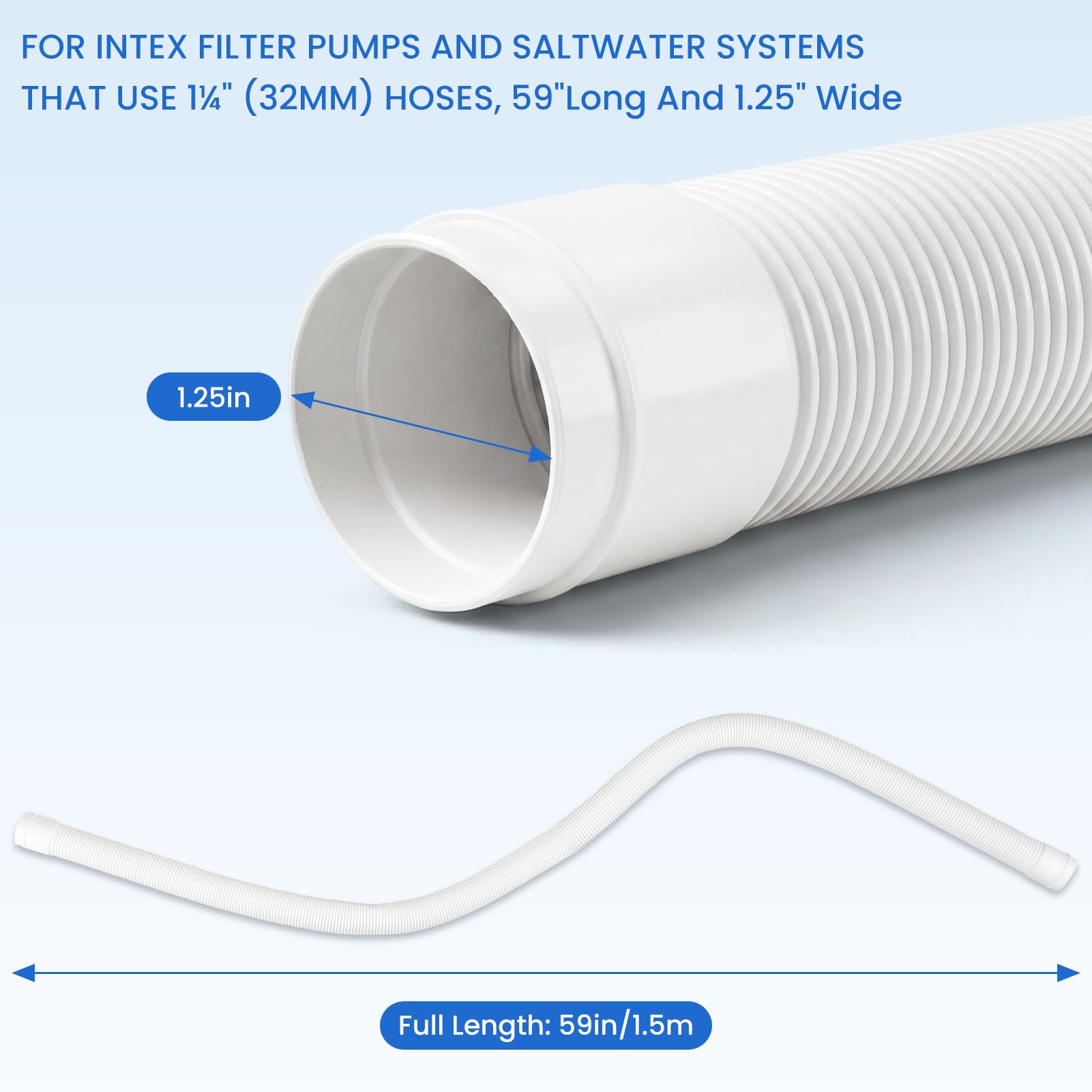 Tuyau Piscine 32mm/1,25, Tuyau de Rechange pour Piscine 150cm de Long avec 4 Pince Métallique, Accessoires de Pompe de Piscine pour Piscines Hors Terre Filtre Intex, Bestway (Paquet de 2)
