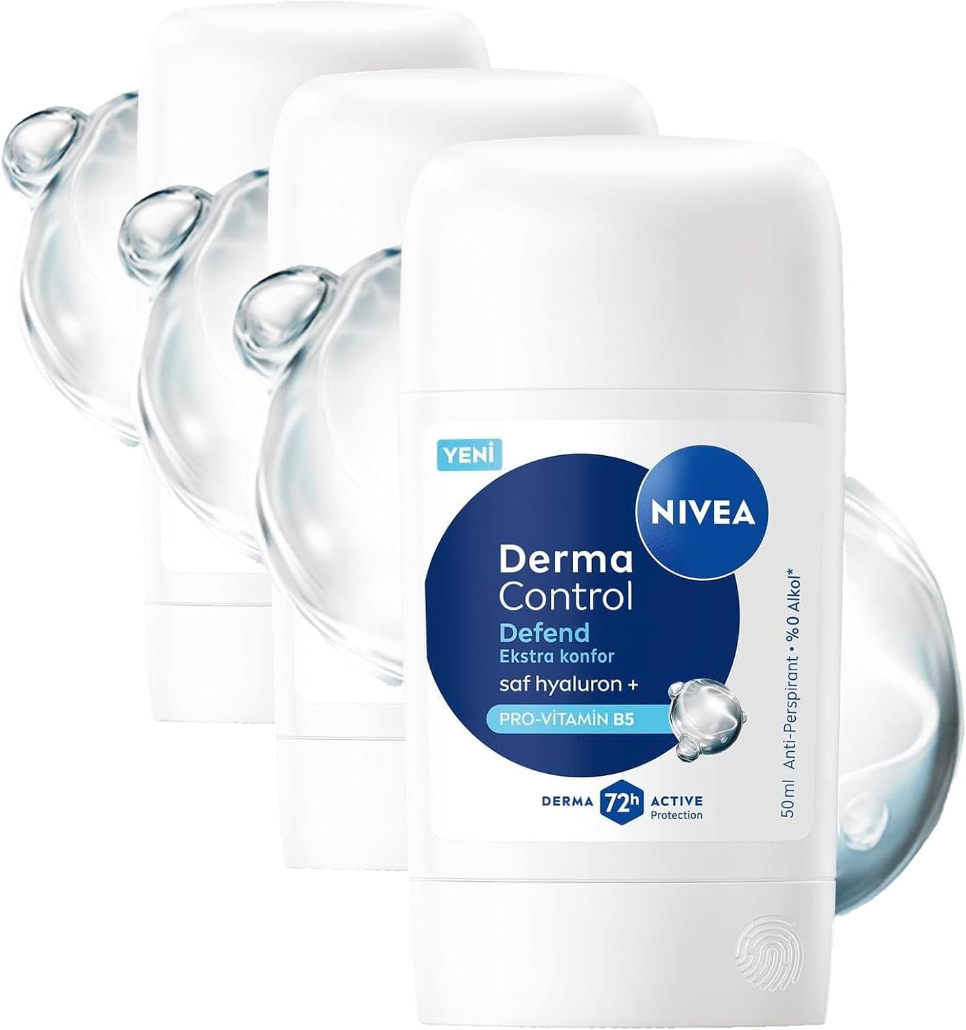 NIVEA Kadın Stick Deodorant Derma Control Defend 50 ml, Tahrişe Karşı Koruma, Alkolsüz, 72 Saat ANti-perspirant Koruma,Çiçeksi Koku,Hyaluronik Asit, Pro Vitamin B5 (3 paketi)