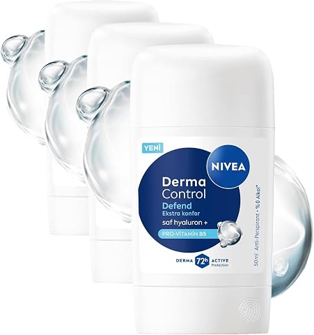 NIVEA Kadın Stick Deodorant Derma Control Defend 50 ml, Tahrişe Karşı Koruma, Alkolsüz, 72 Saat ANti-perspirant Koruma,Çiçeksi Koku,Hyaluronik Asit, Pro Vitamin B5 (3 paketi)