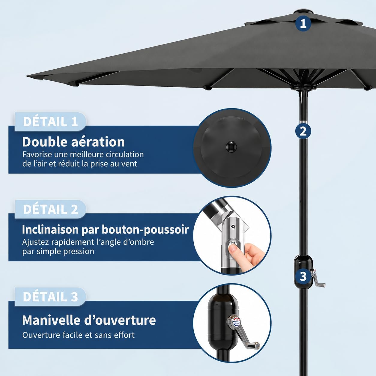 Parasol de Jardin 2,7 m Étanche UV50+, Manivelle, Inclinaison, Gris