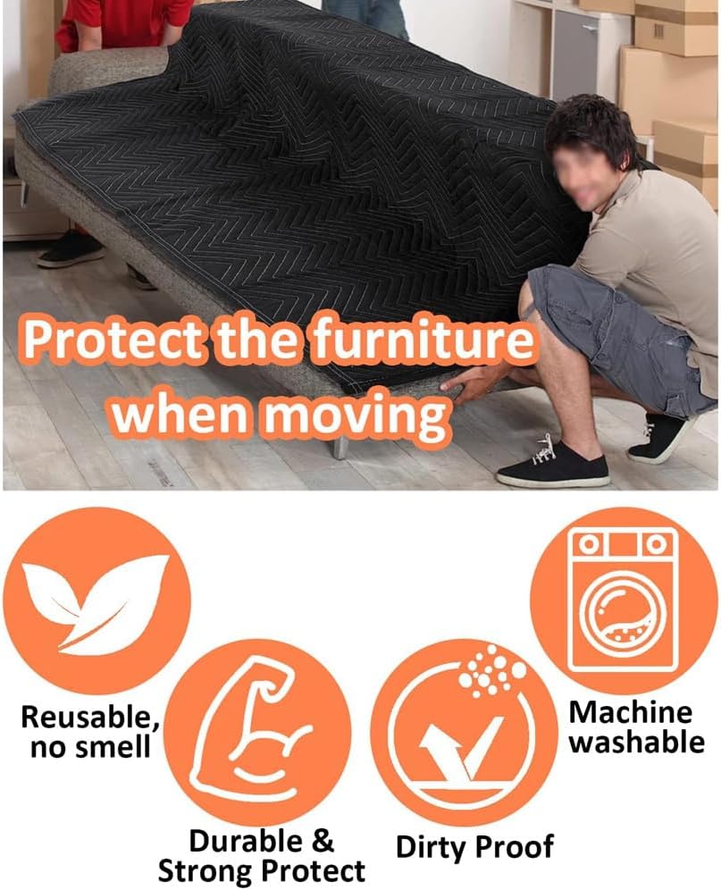 2 PCS Moving Blankets Heavy Duty Packing Blankets for Moving Shipping Furniture Wrapping for Furniture-Black