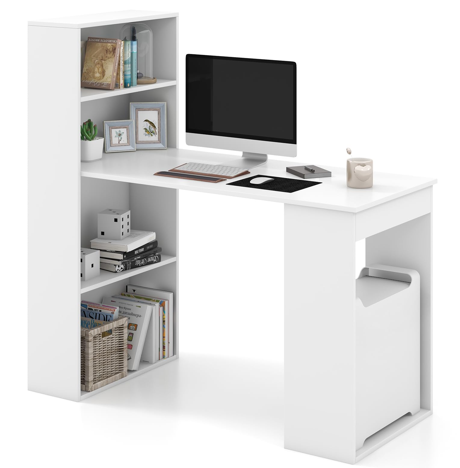 LDAILY 48 Inch Computer Desk with Shelves, Writing Desk with Storage Bookshelves and PC Stand, Reversible Gaming Table with Workstations, Easy