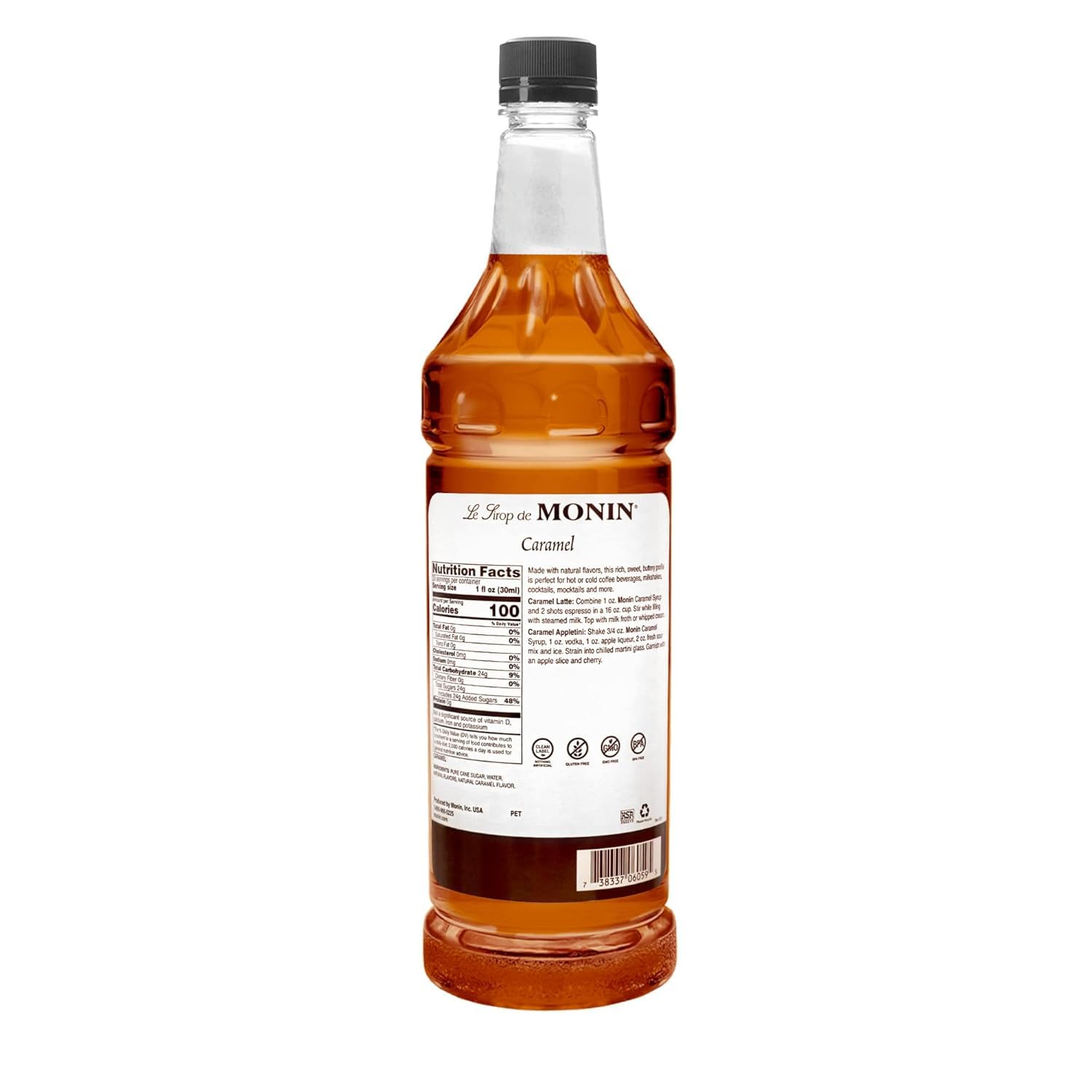 Monin Caramel Syrup 1Liter, Rich and Buttery, Great for Desserts, Coffee, Cocktails