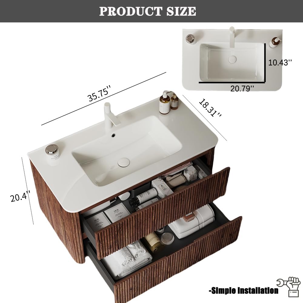 36" Floating Bathroom Vanity with Sink, Wall Mounted Modern Bathroom Cabinet with 2 Soft Close Drawers, Oak & Plywood, Pre-Assembled with Integrated Ceramic Basin – Bruges, Retro Walnut