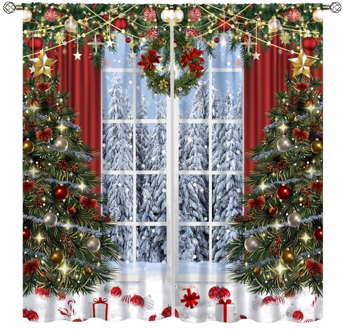 DKMQQUL Christmas Curtains, Winter Xmas Tree White Window Snow Scene
