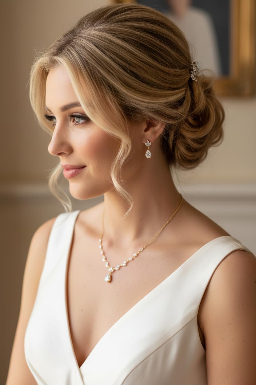 Brautschmuck Set Gold – Halskette 43–50 cm & Ohrringe mit AAA+ Zirkonia – Eleganter Hochzeitsschmuck Damen Tropfen Design