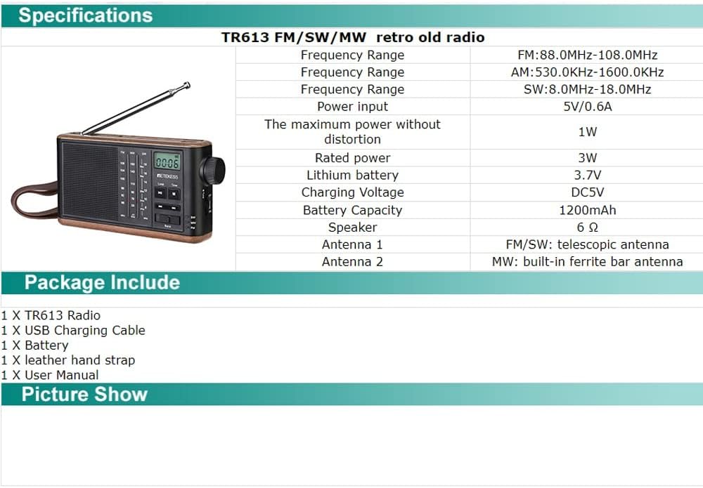 Portable Retro Radio FM/AM/SW 3 Bands Elderly Support TF Card Charging Stereo Audio Input .5mm Earphone
