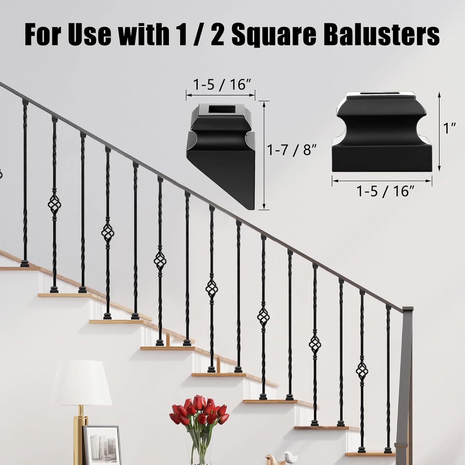 Iron Balusters for Staircase, 16 Pack Wrought Iron Balusters, 1/2" Hollow Stair Spindles Stair Balusters, Metal Balusters Spindles for Decks W/ 32 Pack Baluster Shoes