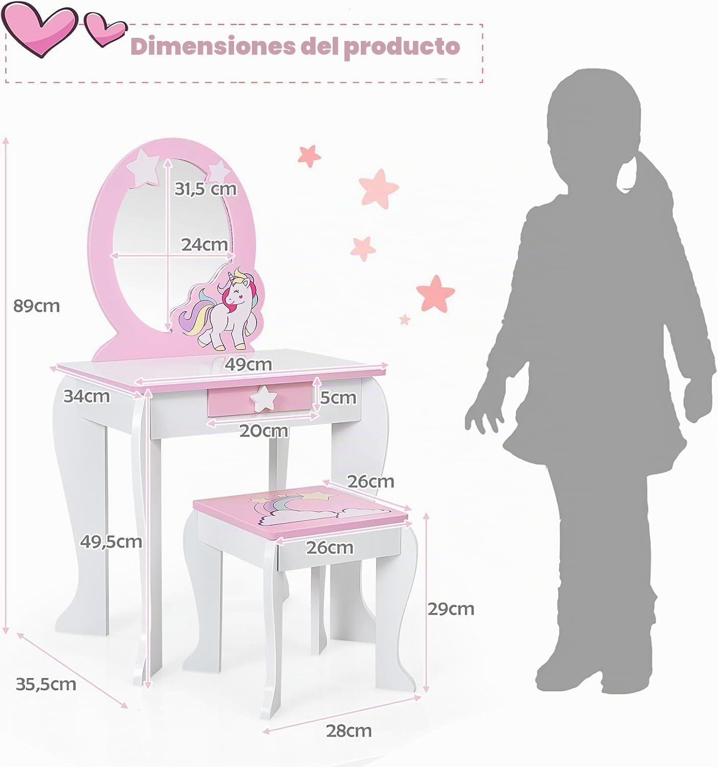 FANTASK Tocador Infantil con cajón y Espejo extraíble, tocador de Princesa con Taburete, tocador Rosa y Blanco para niñas de 3 a 7 años