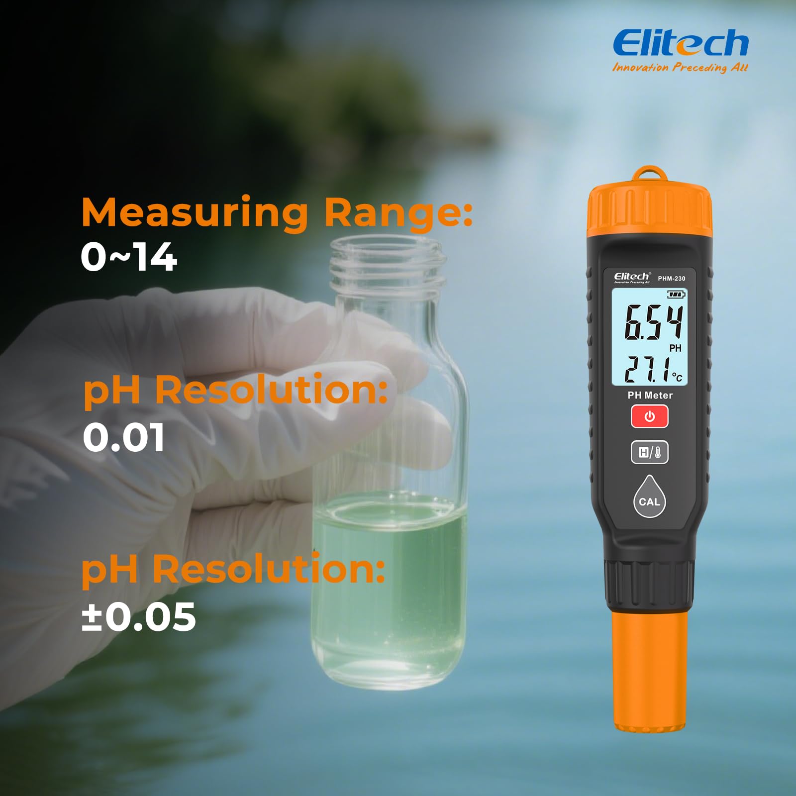 Medidor de pH Elitech con Indicador de Temperatura 0-14 pH ±0.05 de Precisión, Tester pH Calibración Automática, Retroiluminación con Alarmas de Color PHM-230
