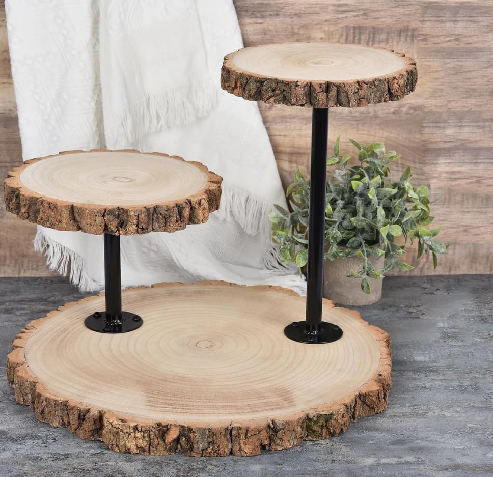 3-Tier Rustic Wooden Cupcake Stand – 14" Tall Natural Wood Slice Dessert Display with Black Metal Poles – Country Style Cake Tower for Events, Parties, Weddings, Gift For Labor Day