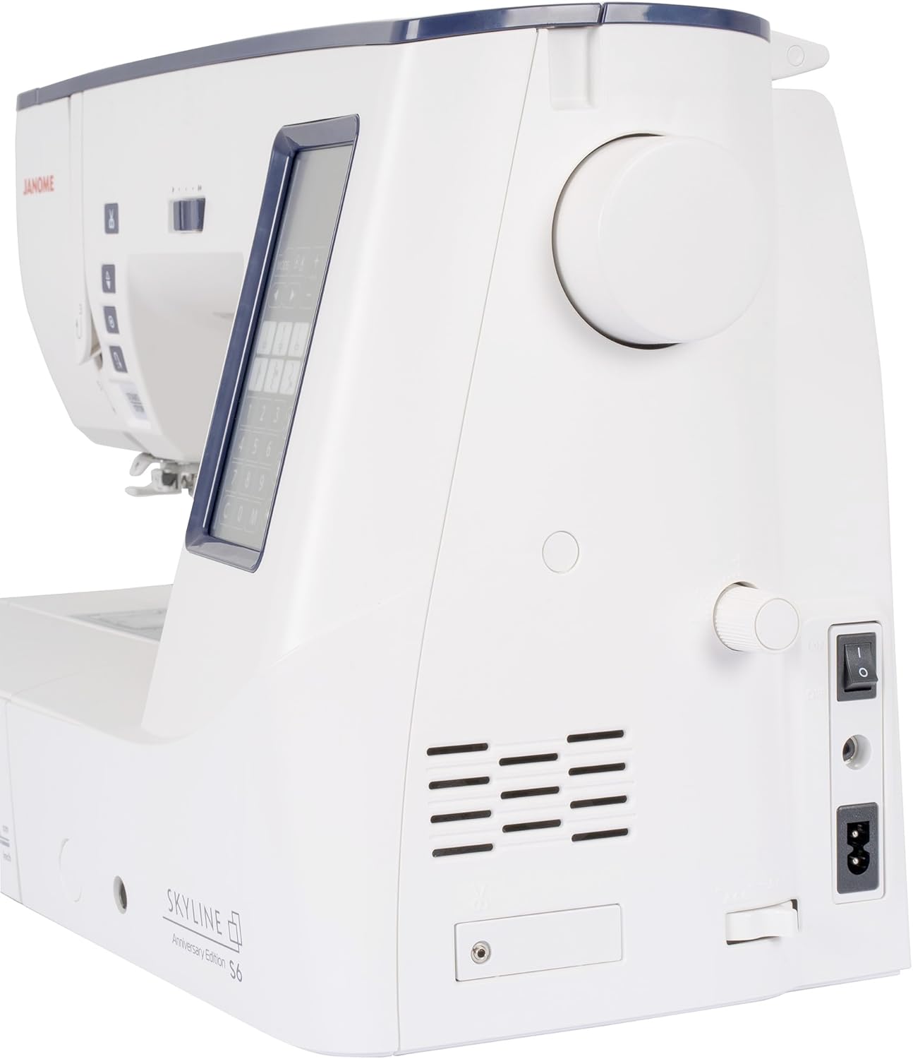 aoriana view of the Janome Skyline S6 sewing machine showing the power input and on/off switch