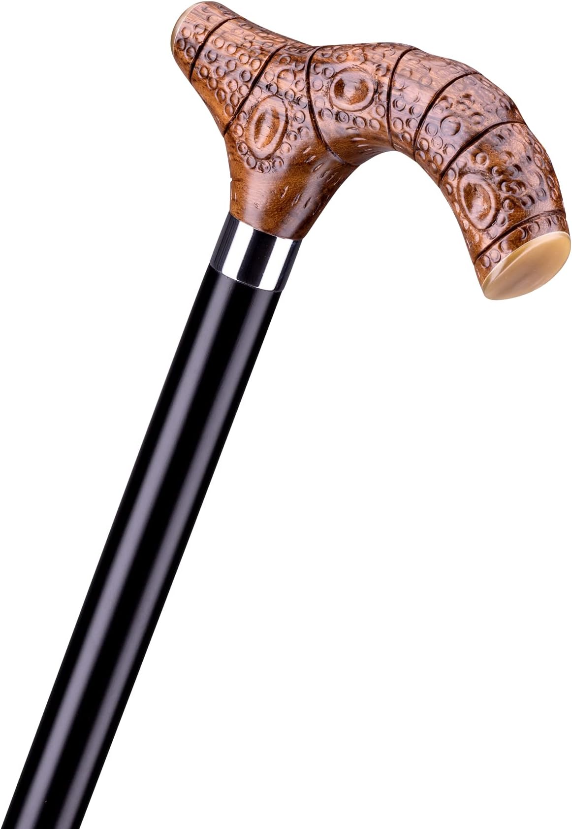 Madagaskar Walking Stick with Fritz Handle in Bamboo Root Design Made from Light brown Rosewood with Finely Patterned End Pieces Made from Real Water Buffalo Horn, Chrome Ring and Elegant Buffer