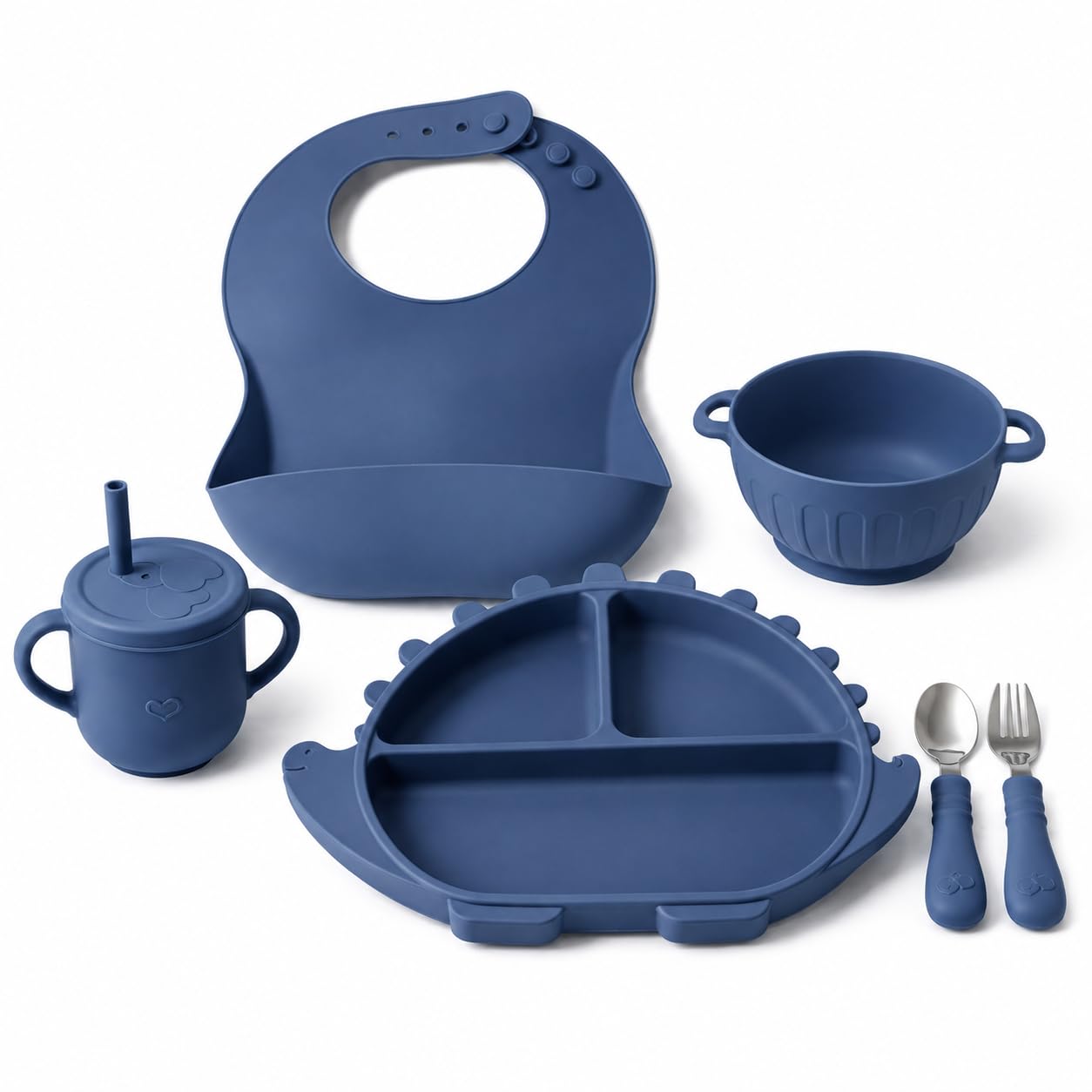 Silicone Baby Feeding Set, Dinosaur Divided Suction Plate, Bib, Bowl, Training Cup, Spoon and Fork, BPA Free, 6 Piece, Green (Blue)