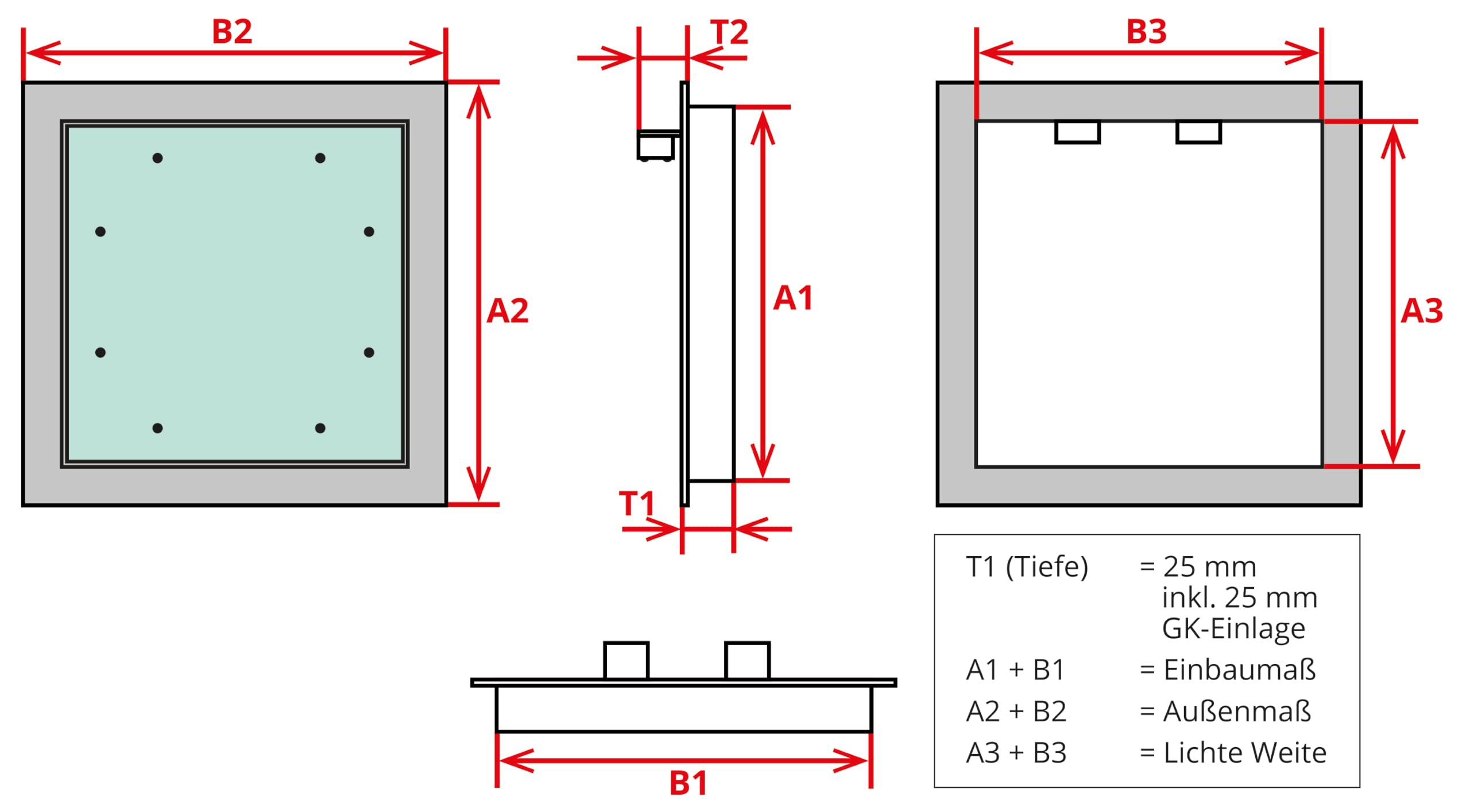 Heka Revisionsklappe 20 x 20 cm (200 x 200 mm) Alu/GK 25 mm aushängbar | Beide Hände frei zum Arbeiten – die ganze Öffnung steht dir offen