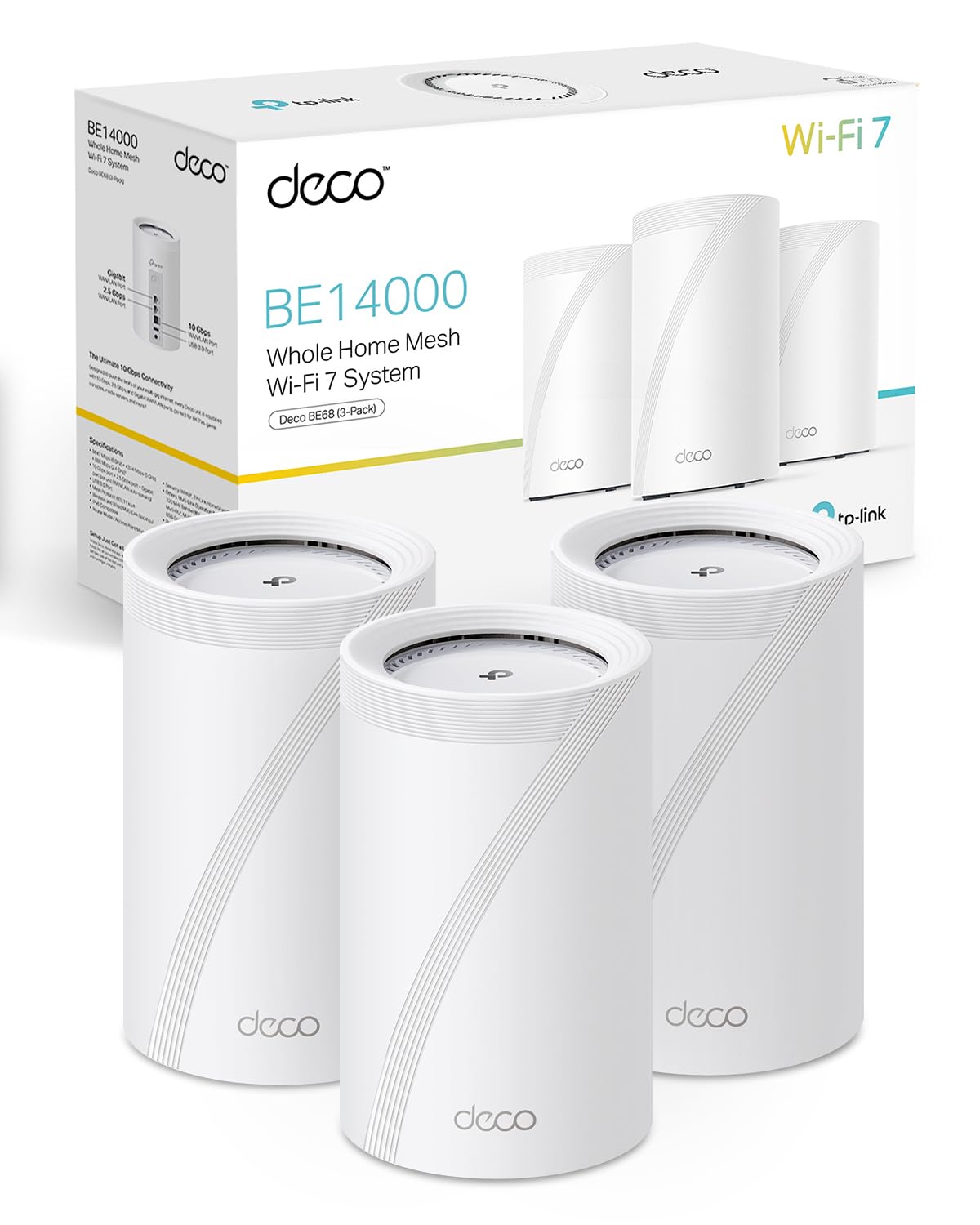TP-Link Deco BE68 (3-Pack), WiFi 7 Mesh BE14000 tri-Bande, 14 Gbit/s, Port Ethernet jusqu'à 10 Gbit/s, Bande 6 GHz, Couverture jusqu'à 700 m², Compatible avec Toutes Les Box Internet Fibre