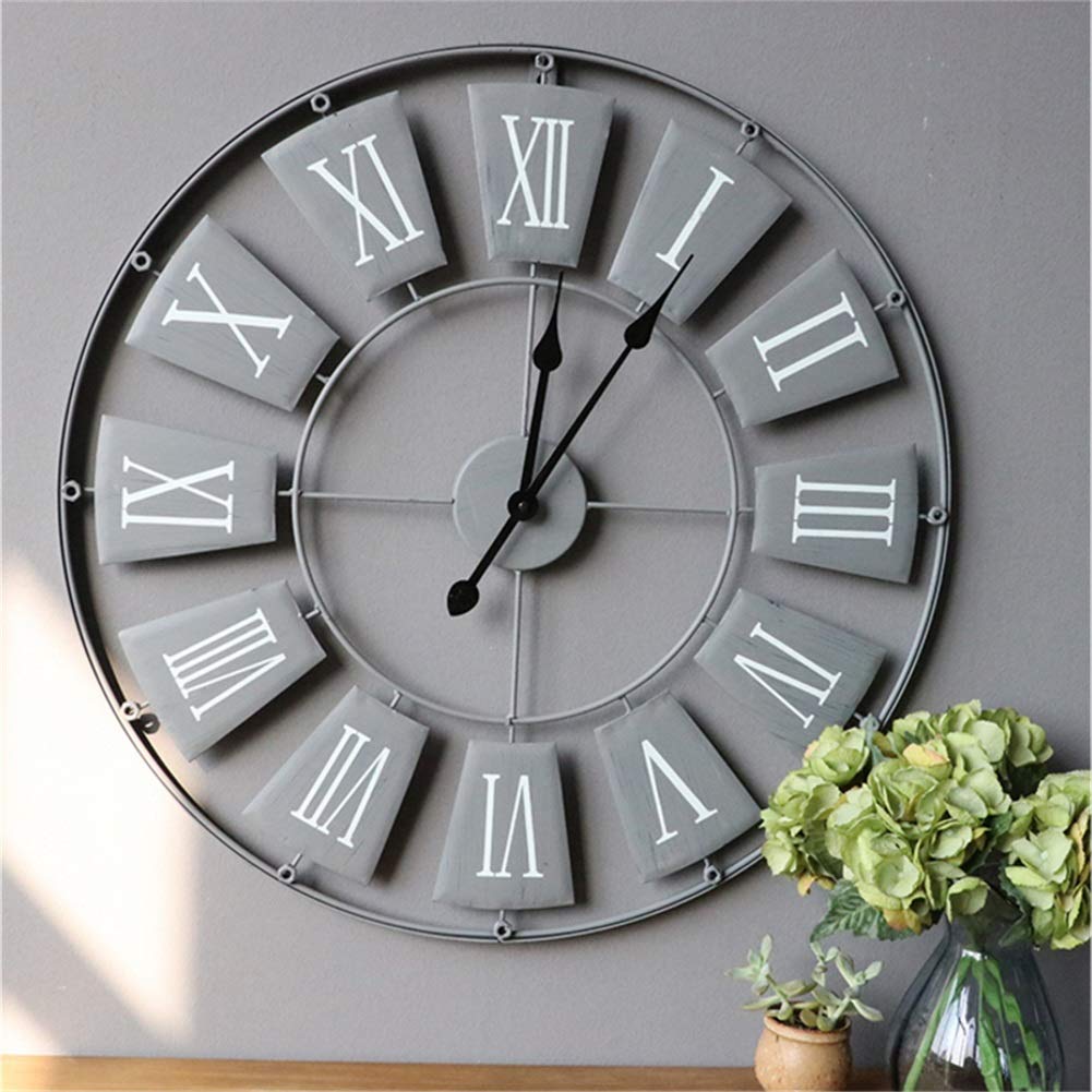 Fooskoo Desk Clock Black And Grey Wall Clocks 76 Cm Large Metal Decorative Roman Numerals 3D Skeleton Silent Clock For Kitchen,Bedroom,Garden,Living Room,Study,Office Gray（Diameter：29in）