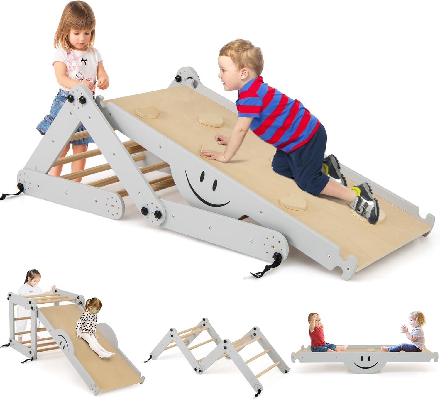 Triangolo Da Arrampicata Con Scivolo Per Bambini - Struttura In Legno Naturale, Rampa Regolabile, Per Interni Da 1 Anno In Su