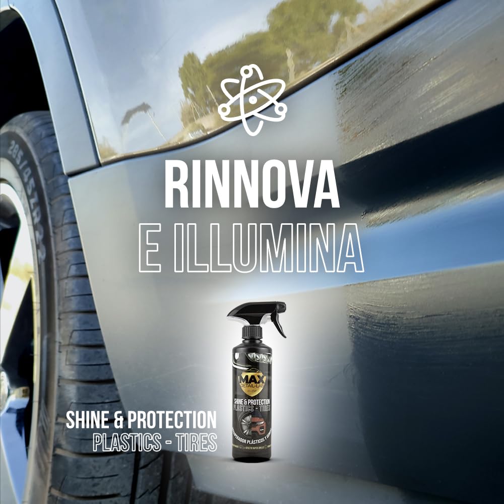 MAX DETAIL-LAB - Shine & Protection - Nero Gomme Auto Rinnova Plastiche, Lucida Ravviva Plastica, Restauratore Idratante Pneumatici, Kit Pulizia Professionale Prodotti Detailing Car Moto, 500ml