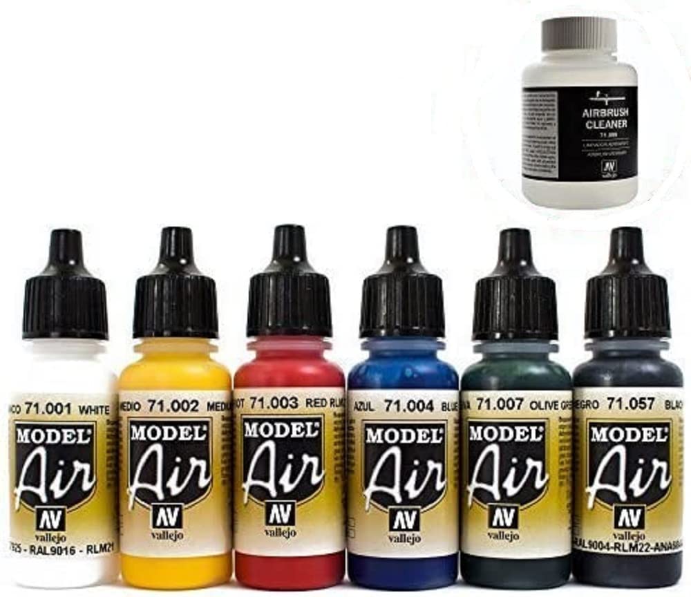 Vallejo, 6 colori per aerografo Model Air, Cleaner 85 ml, in boccette da 17 ml