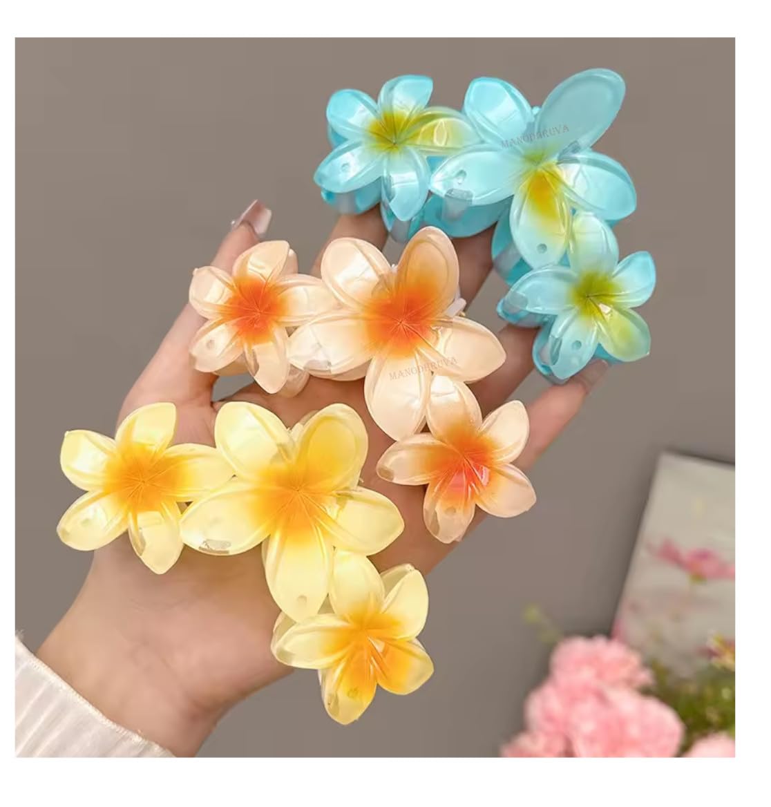 2 x Triple Hibiscus Flower Hair Clips for Women Multi-Coloured