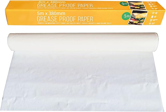 1pk Greaseproof Paper Rolls 5m X 380mm - Heat Resistance, Non-Stick, Waterproof and Oil Proof Parchment Paper - Greaseproof Paper Sheets - White Greaseproof Paper Paper Roll for Baking