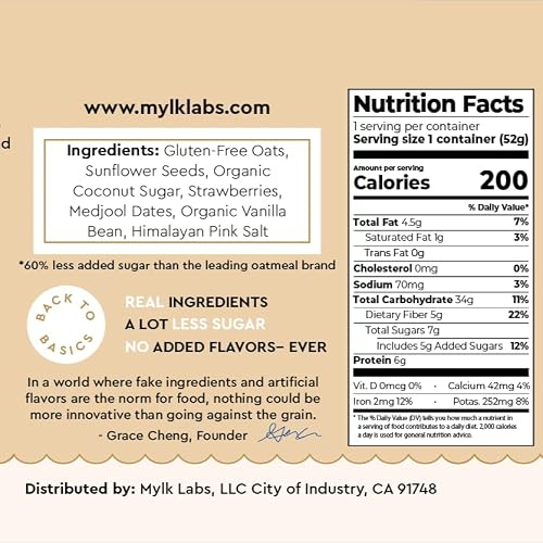 Mylk Labs - Vanilla Strawberry Instant Oatmeal Cups - Nut Free, Gluten Free, High Fiber, High Protein, Non Gmo, Low Sugar, Quick Breakfast Oats - 12 Pack #TOP2