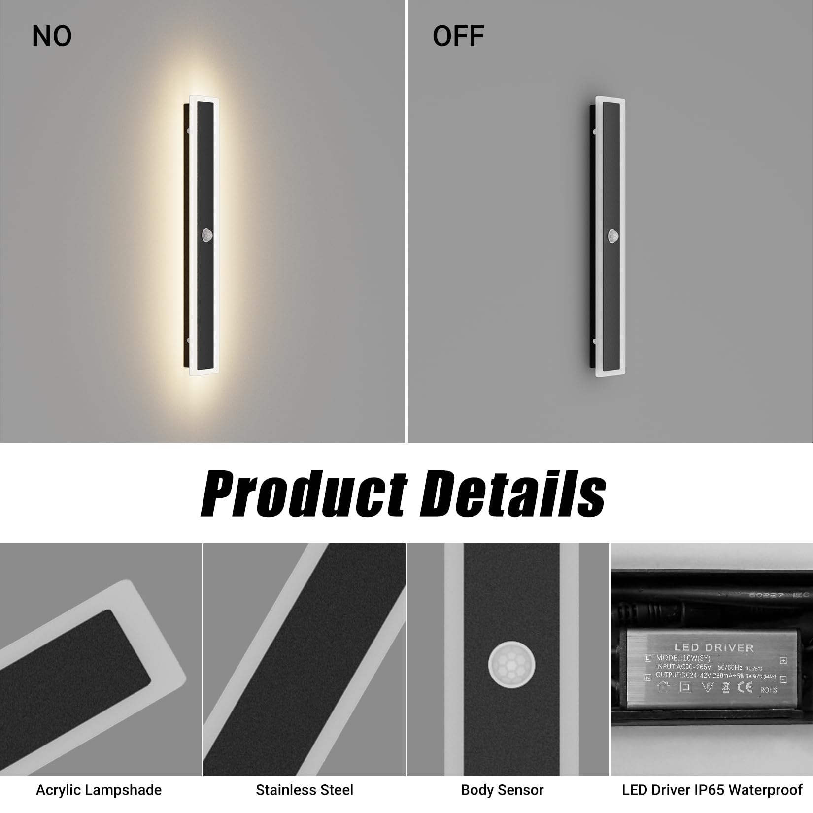 Klighten LED Lange Wandleuchte Außen/Innen Wandlampe, Außenwandleuchte mit Bewegungsmelder 60CM/20W, IP65 Außenleuchte Edelstahl+Acryl, Außenlampe für Villa/Terasse, Warmweiß 3000K, Schwarz