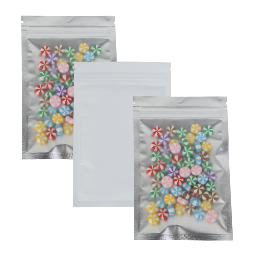 Clear Window Flat Colored Metallic Foil Zip Top Bag (100 Pack) (White, Flat | 6oz)