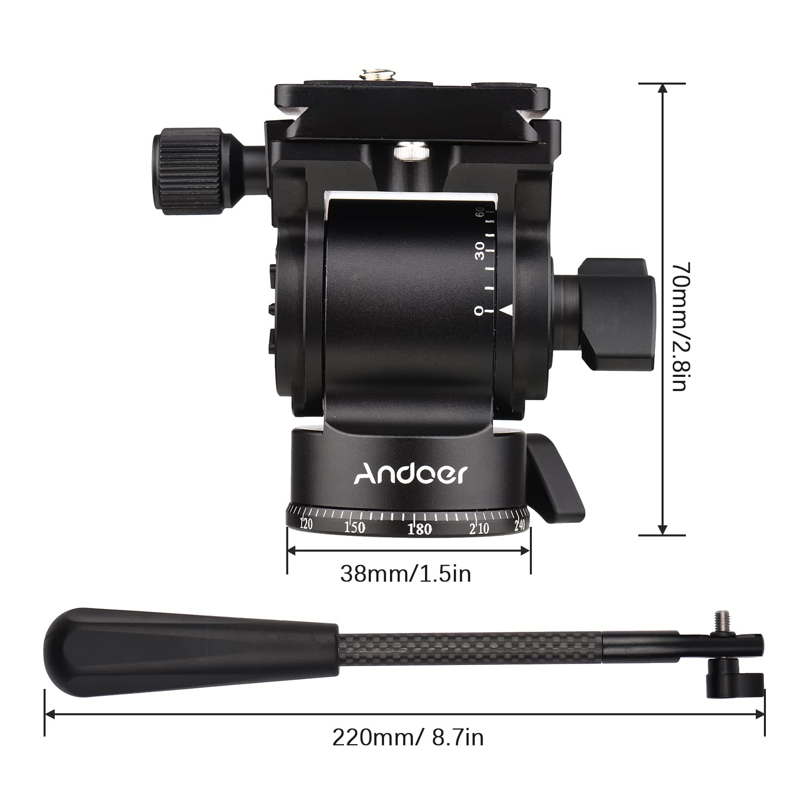 Andoer Camera Video Fluid Head Pan Tilt Tripod Head Panorama Ballhead Tripod Mount 1/4 Inch Tornillo 10kg / 22lbs Capacidad de Carga con manija Desmontable 2pcs Placa de liberación rápida