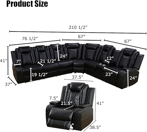 Miniatura 2 de Juego de sofá reclinable eléctrico con luz LED, sofá seccional de cuero, juegos de muebles para sala de estar, juegos modernos de sofá reclinable