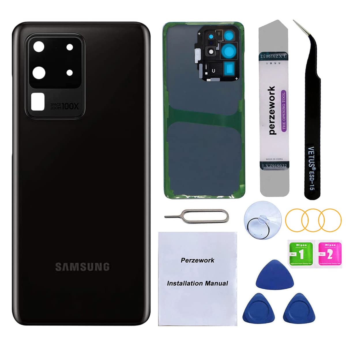 Rear Back Glass Replacement Compatible with Samsung Galaxy S20 Ultra with Reparing Tool kit and Manual(Black)