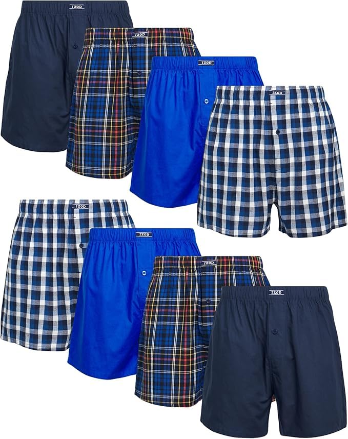 IZOD Men's Boxer Shorts - 8 Pack Loose Fit Mens Underwear Boxers with Button Fly - Classic Woven Boxers for Men (M-2XL)