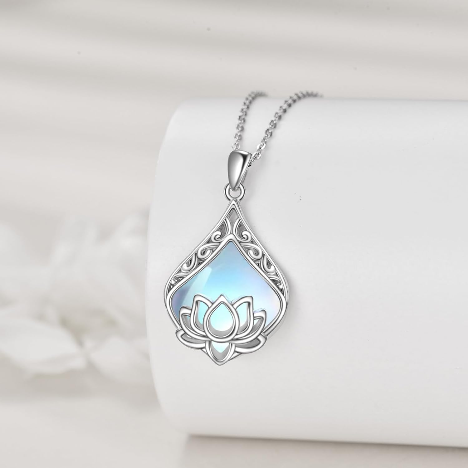 POPLYKE Lotus Flower Necklace for Women 925 Sterling Silver Teardrop Rose Quartz Moonstone Pendant Lotus Jewelry Gifts Birthday - Image 3