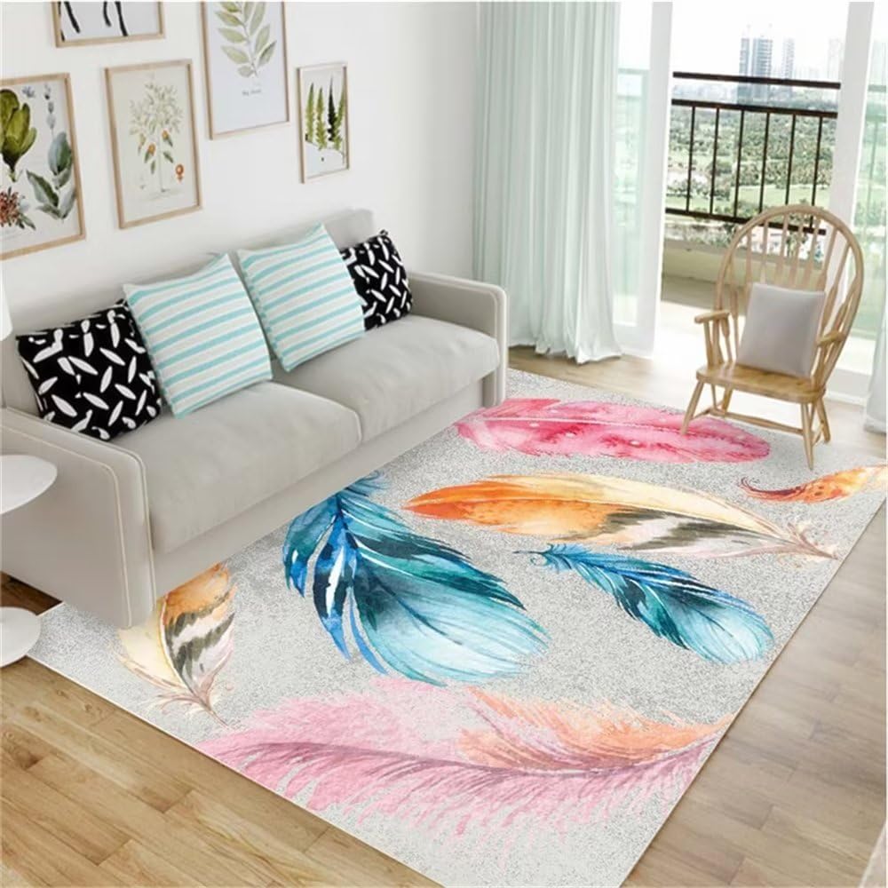 Tapis de salon rose antidérapant 120x160 cm motif plume mignon pour chambre moderne