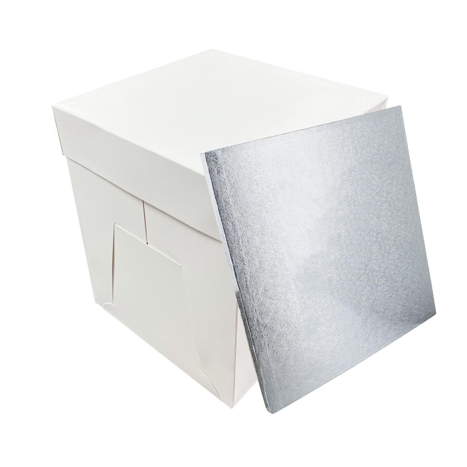 Tall White Cake Box Extra Deep & Silver Square Cake Drum Board Combo For High Celebration, Wedding, Birthday Cakes (10")