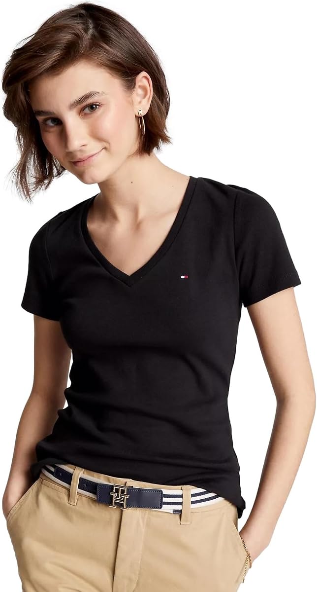 Camiseta de algodón liso con cuello en V y manga corta para mujer