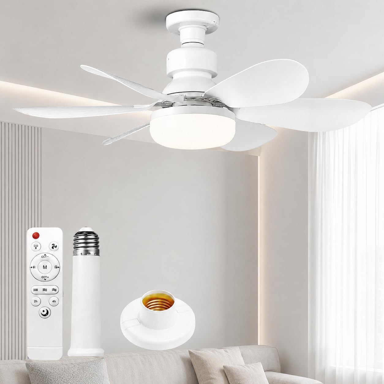 Ventilateur de Plafond avec Lumière et Télécommande, E27 Ventilateur LED Dimmable 40W, 3 Vitesses, 6 Pales, Silencieux, avec Base et Tige d'Extension, Minuterie, pour Chambre Salon Bureau, Blanc 52cm