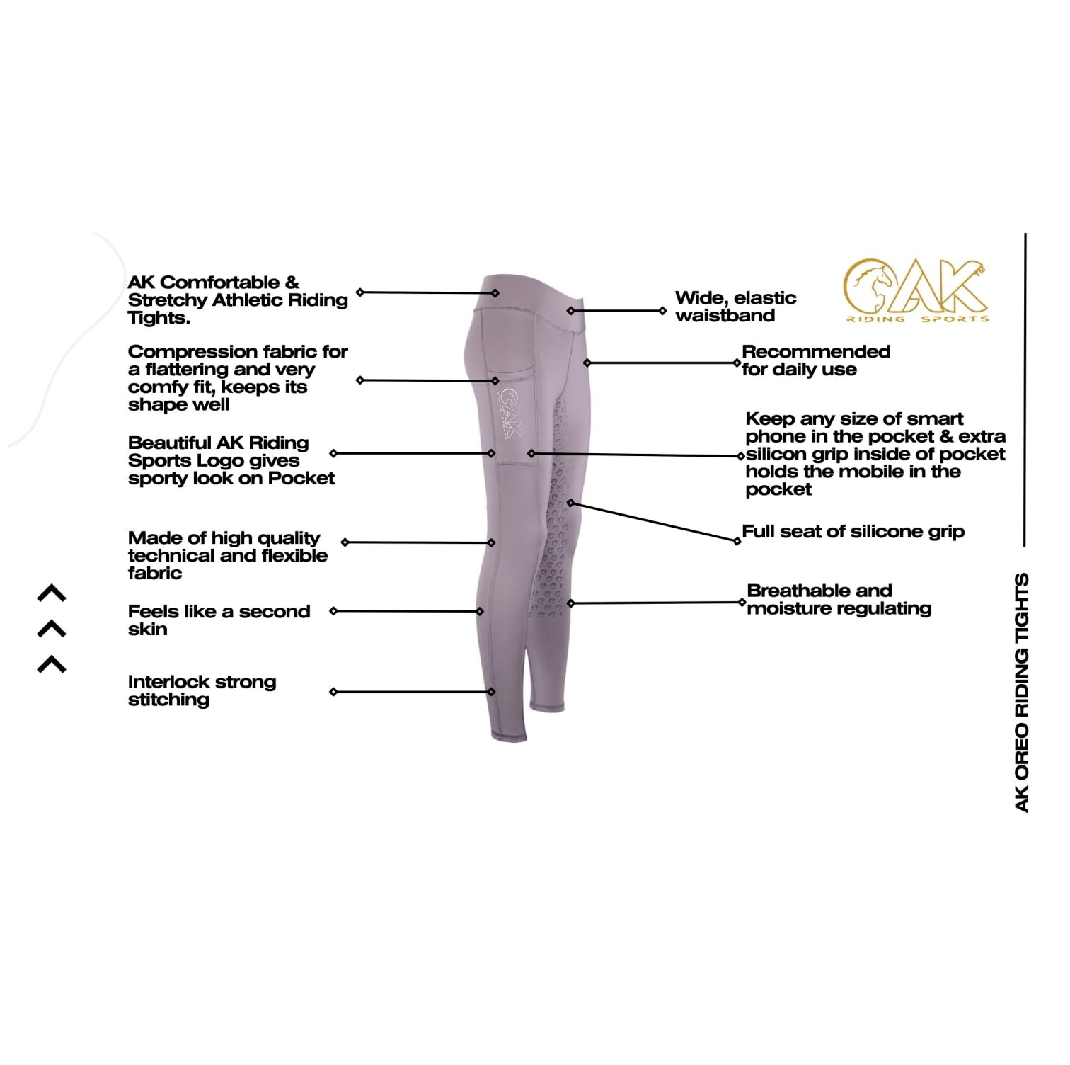 AK Oreo AKRS-6052-01 Collant d'équitation respirant taille haute avec grip en silicone