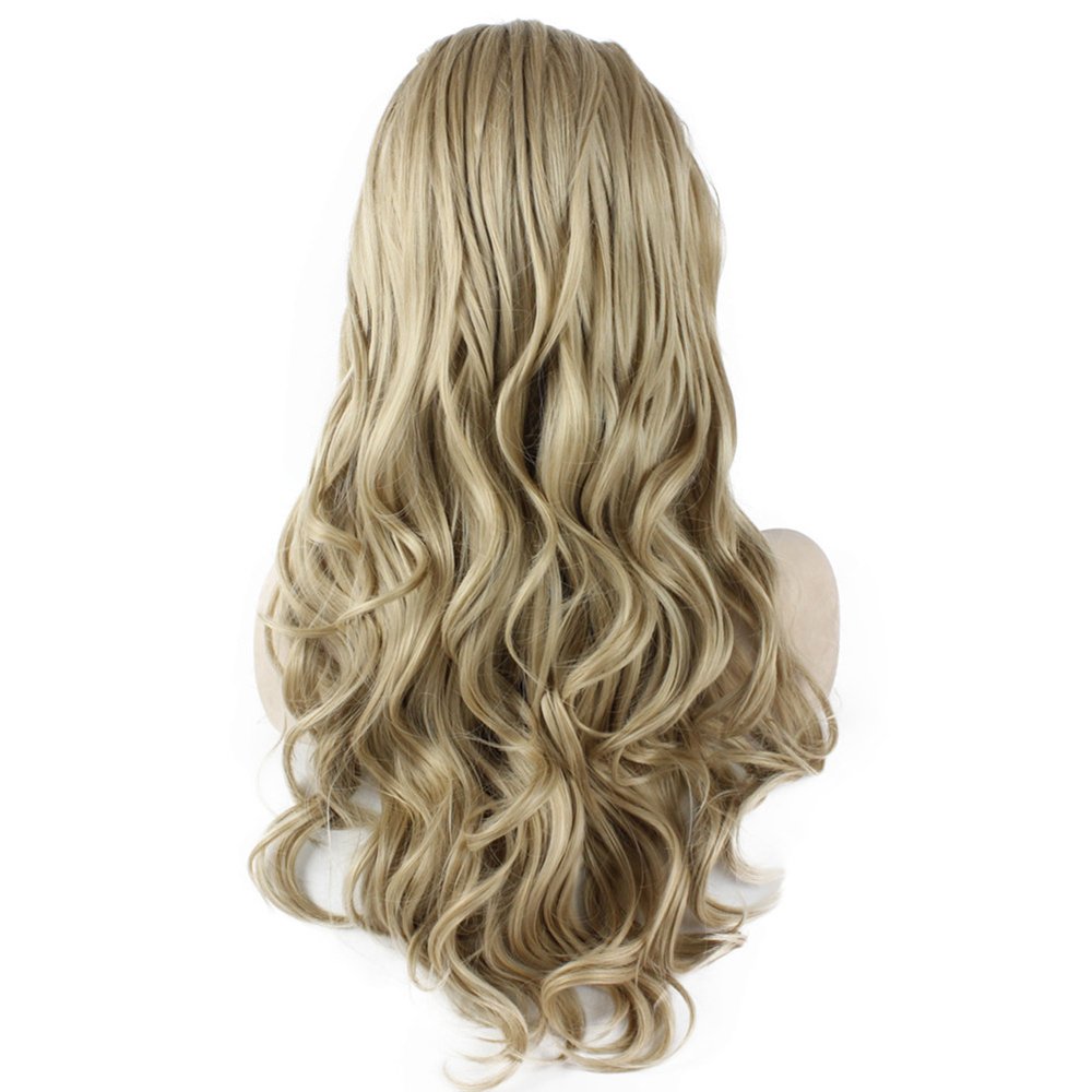 MX angel Long Wavy Celebrity Lace Front Wig Half Hand Tied Heat Resistant Fiber Ash Blond Synthetic Hair Wig