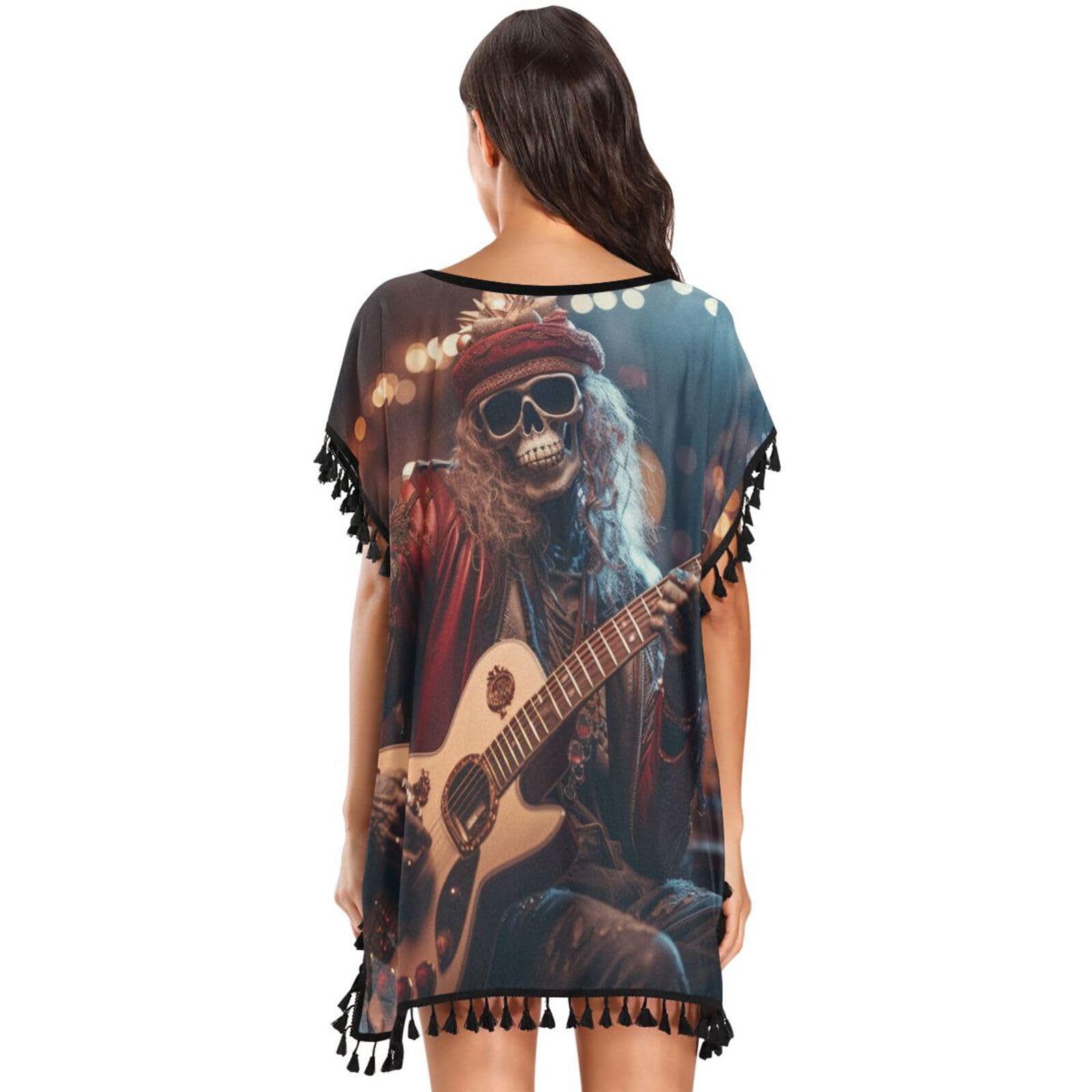 Red Christmas Skull Guitar Women's Beach Cover Up Chiffon Tassel Swimwear Swimsuit Coverups for Girl
