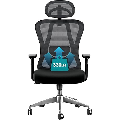 Ergonomic Office Chair, High Back Mesh Desk Chair with Adjustable Lumbar Support, 135° Rocking Backrest, Adjustable Armrest and Headrest, Coat Hanger, Best Desk Chair for Long Hours, Black