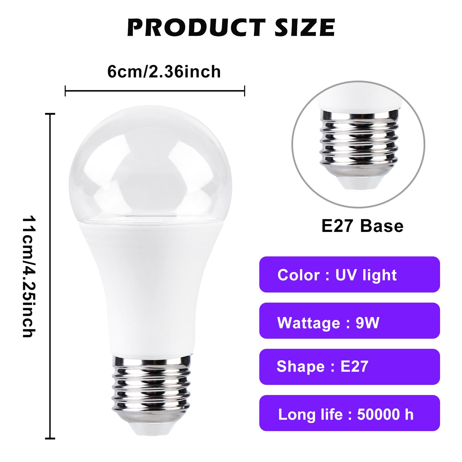 BORDEAG Żarówka UV LED, zestaw 4 żarówek E27 o mocy 9 W, lampa ultrafioletowa LED, fioletowa lampa ultrafioletowa UV-A, czarna żarówka UV, na festiwale, imprezy, bary
