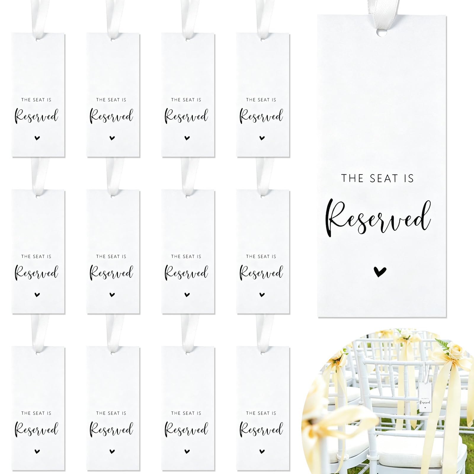 LLMSIX 12Pcs Reserved Seat Signs for Wedding Chairs Ribbon, The Seat is Reserved for Ceremony Seating Tag for Church Pews Important Events, Double-Sided Print(White)