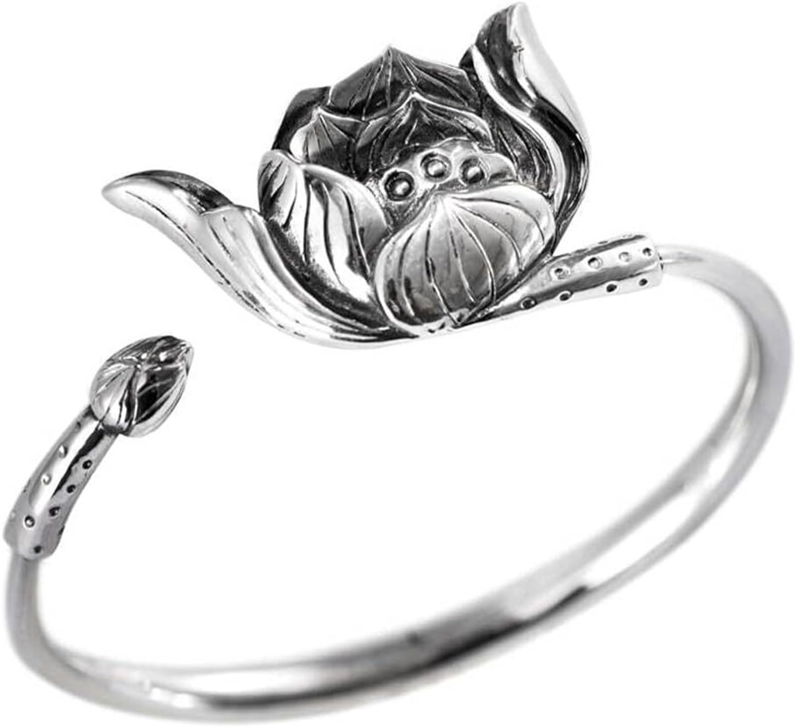 Bracciale in argento, bracciale rigido alla moda, bracciale rigido in argento vintage S990 in stile cinese Bracciale in argento tailandese in stile etnico Buddha us Bracciale aperto con boccioli di fi
