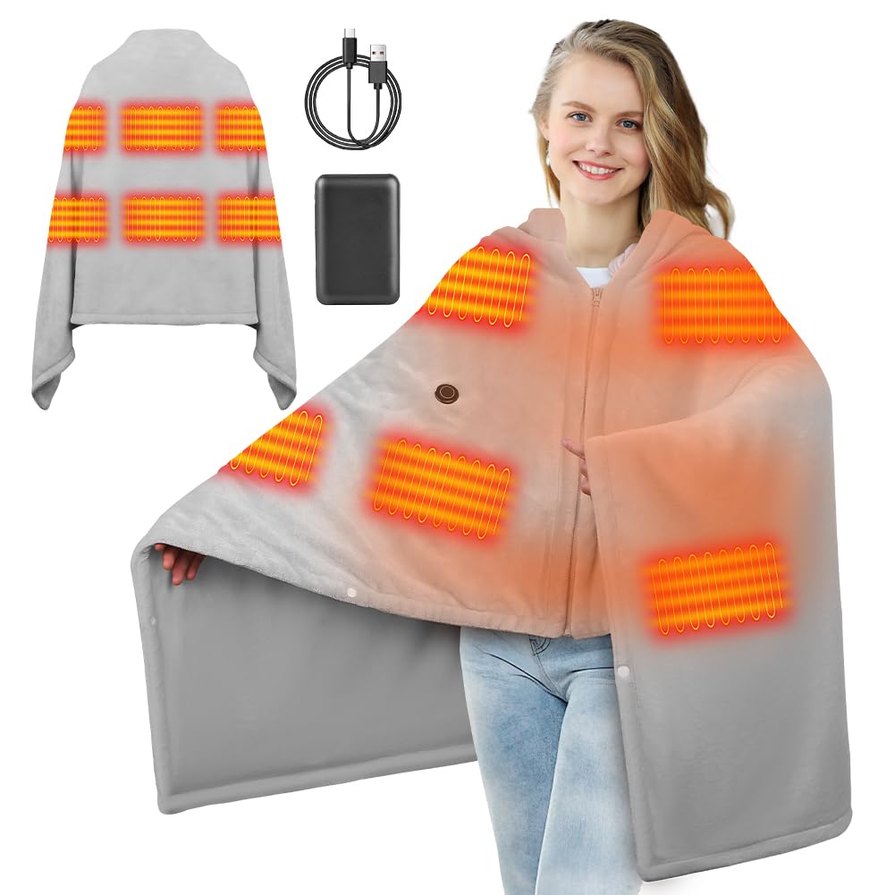 Kabellos USB Heizdecke mit Akku Outdoor Camping Schnurlose Wearable Elektrische Heizdecke, 3 Heizstufen Wärmekissen für Rücken, Nacken Schulter, Flanell waschbar (Grau A)