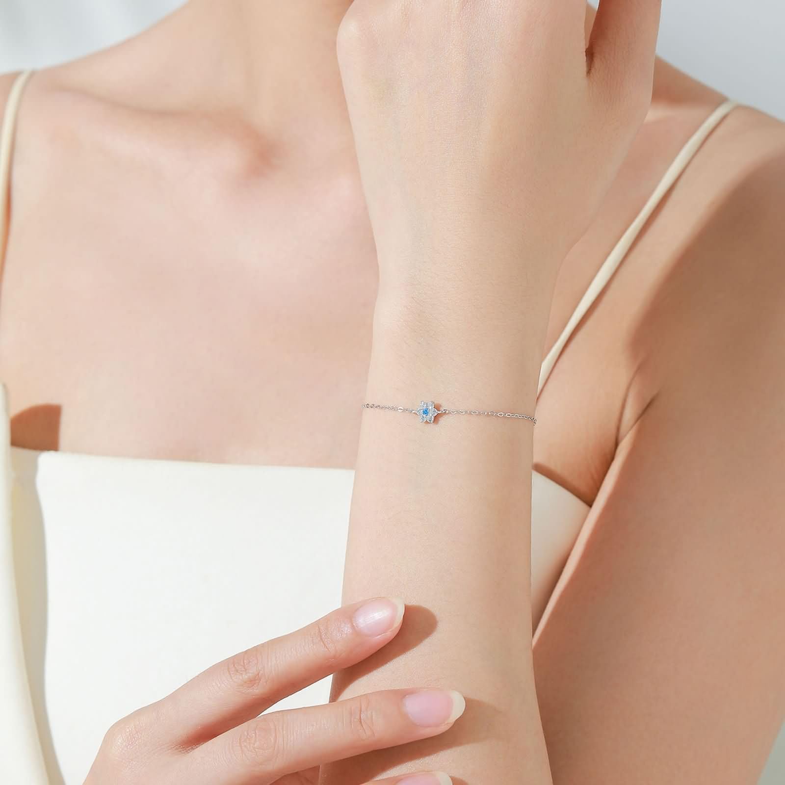 Pulseras Oro Blanco Mujer 9Kilates / 14Kilates / 18Kilates, Flor con Aguamarina y Diamante Creado, Cadena Extensible 16 CM + 5 CM, Pulsera de Mujer Ajustable Plata Azul Claro