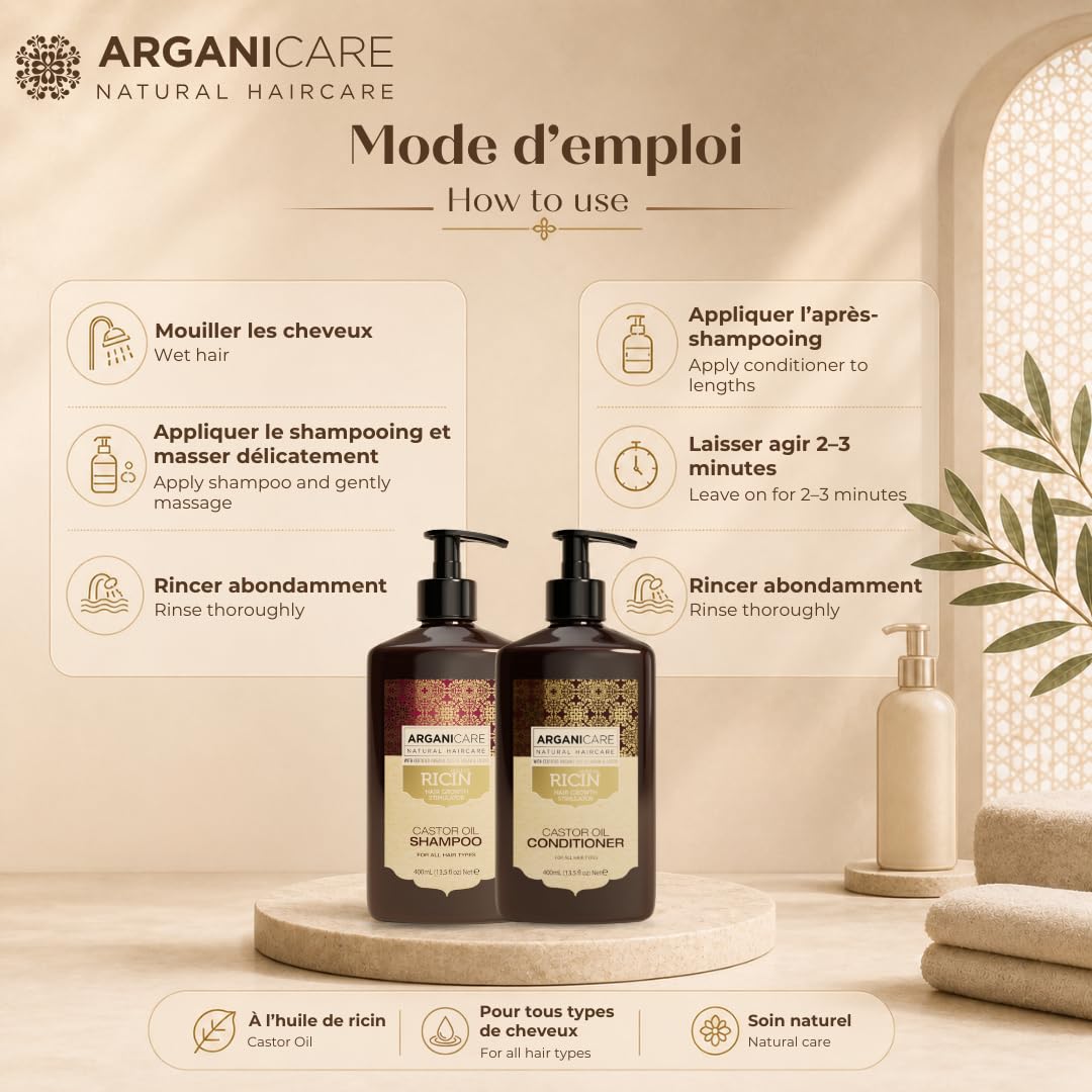 Duo Shampoing + Après-Shampoing à l’Huile de Ricin – Accélérateur de Croissance – Nettoyage en douceur – Tous types de cheveux – 2 x 400 ml