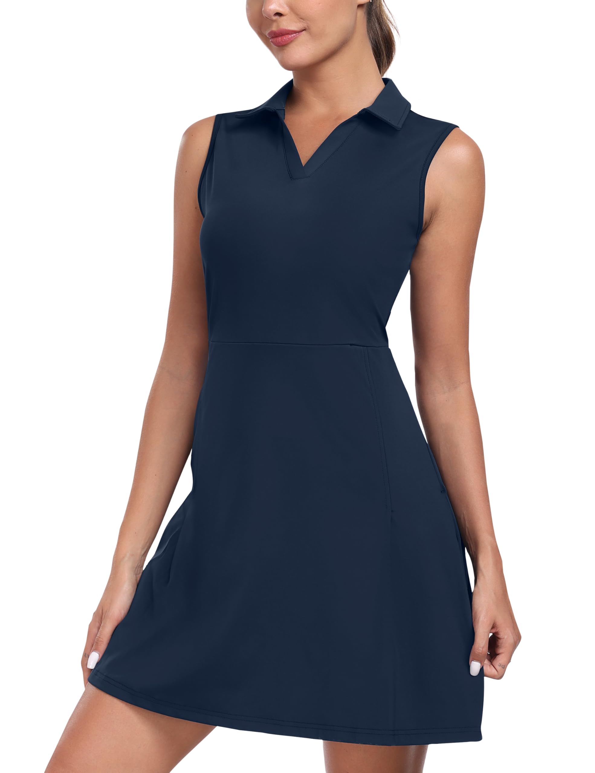 MoFiz Tenniskleid mit Hose Damen Ärmellos V-Ausschnitt Sommer Golf Sportkleider Freizeitkleider Polokleid mit Reißverschlusstaschen