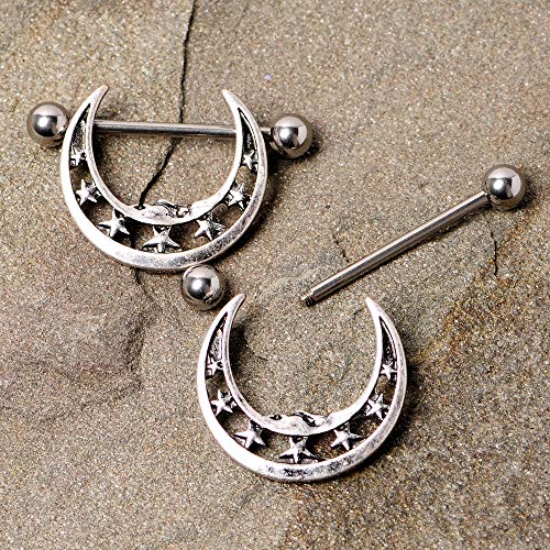 Body Candy 14G Womens Nipplerings Piercing 316L Steel 2Pc Crescent Moon Star Nipple Shield Set 7/8\" - Thumbnail 2